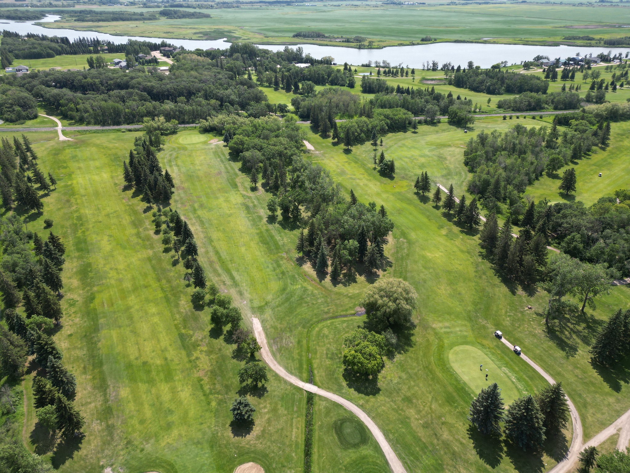 Aerial view of golf course fairway and cart path lined with trees